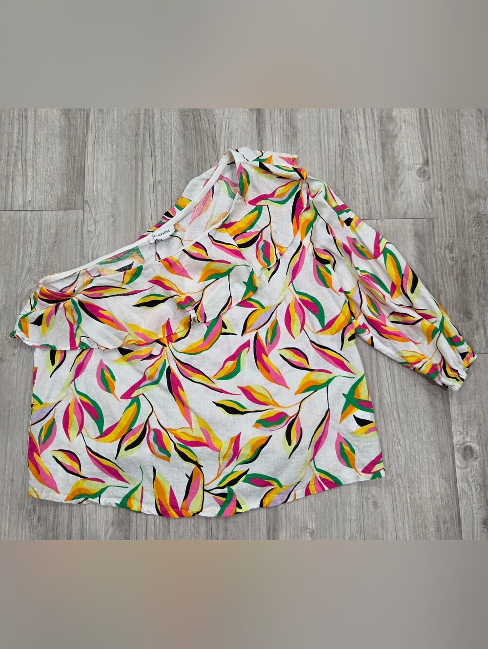 Women’s White One-Shoulder Blouse with Pink, Yellow & Green Leaf Print